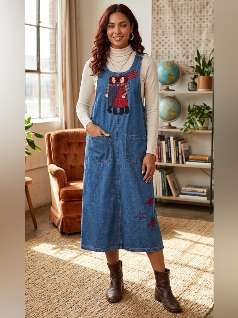 Vintage 90’s Denim Pinafore Jumper with Folk Doll Appliqué